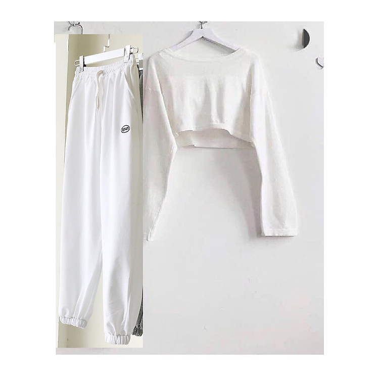 Set Bộ Quần Áo Thun Croptop Tay Dài Và Quần Ống Rộng Spun
