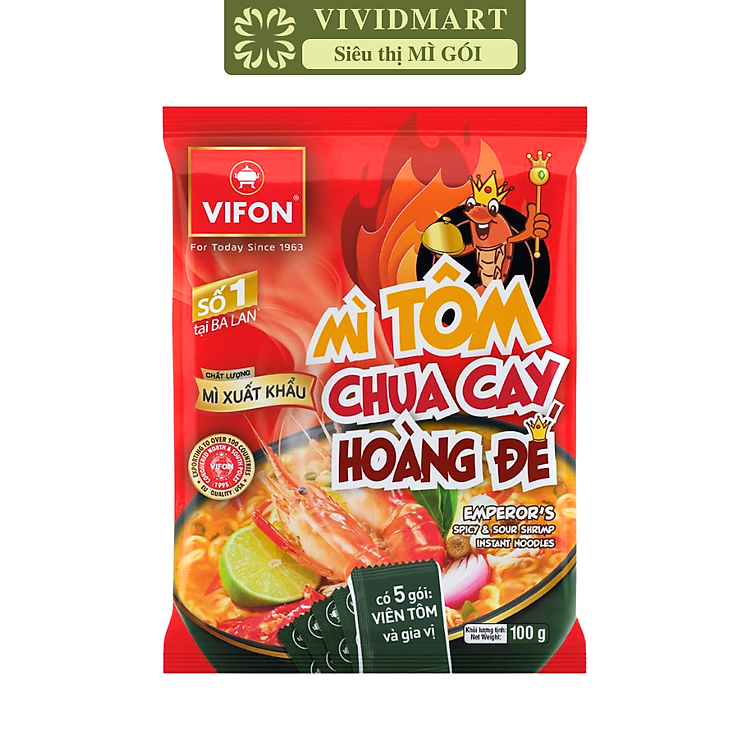 VIFON - Mì Vifon xuất khẩu Tôm chua cay hoàng đế, Mì Tôm chua cay hoàng đế Vifon cao cấp xuất khẩu (100g/gói)