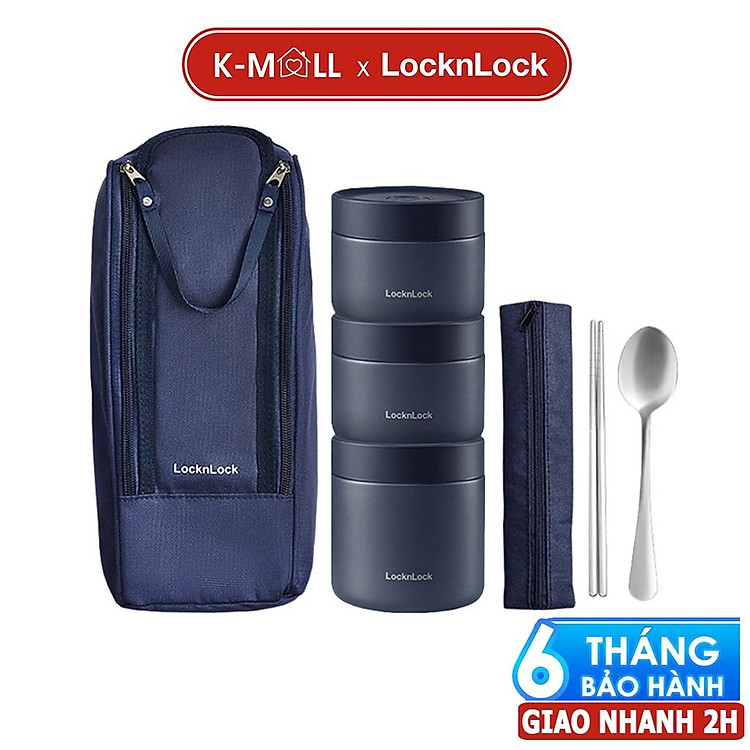 Bộ hộp cơm giữ nhiệt LocknLock Lunch Box LHC8052S01 3 hộp giữ nhiệt kèm túi, muỗng đũa màu xanh - Hapos