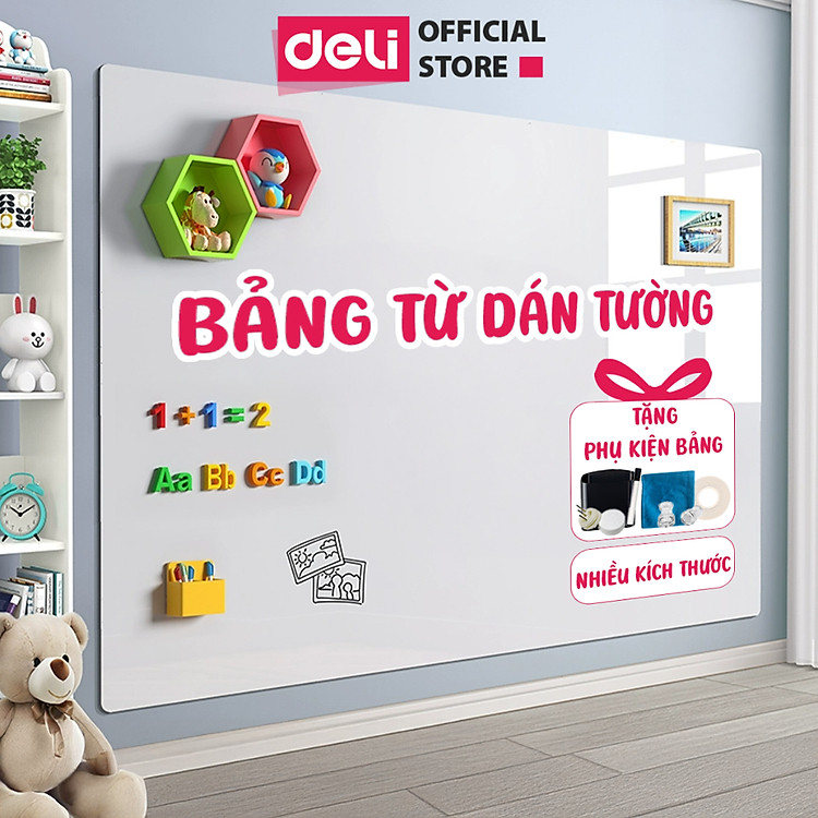Bảng Từ Trắng Dán Tường Deli - Bảng Dán Tường Hút Nam Châm Viết Bút Lông Nhiều Kích Thước - Tặng Set Phụ Kiện Bảng