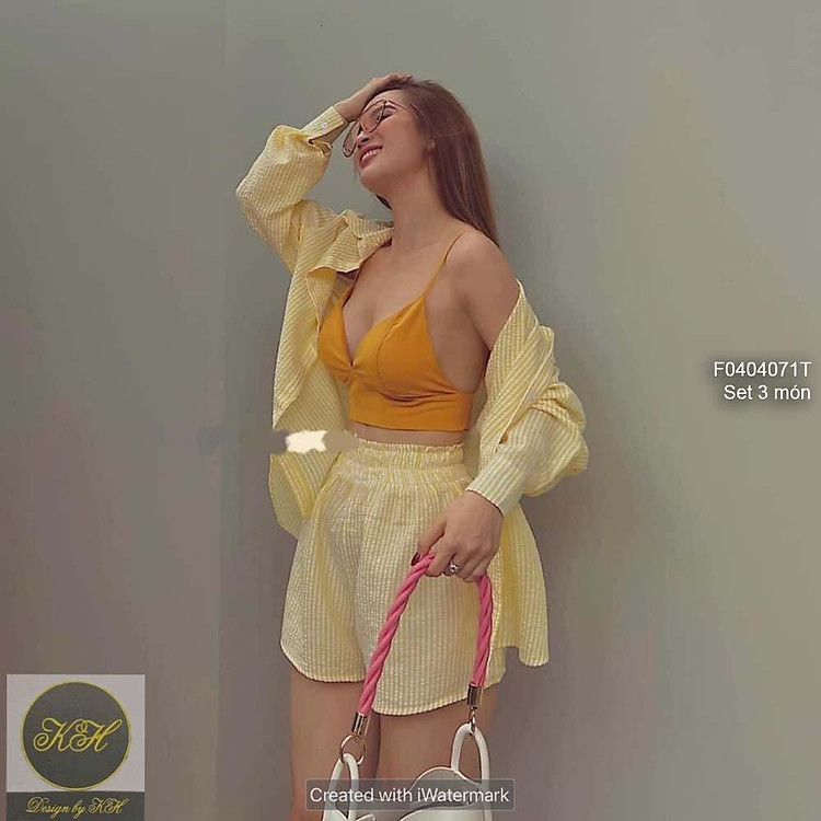 Set 3 món áo sơ mi kẻ sọc form rộng tay dài áo bra 2 dây phối quần short kẻ sọc!