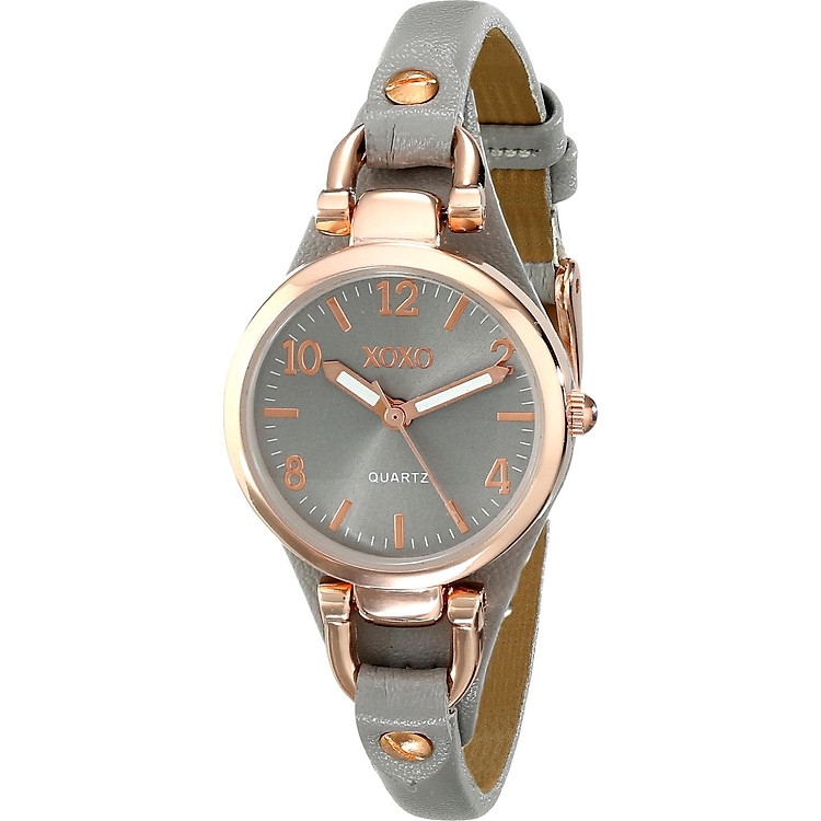 XOXO Women's Analog Watch with Rose Gold-Tone Case, Gray Sunray Dial, Narrow Gray Leather Strap - Official XOXO Woman's Rose-Gold Watch - Model: XO3400