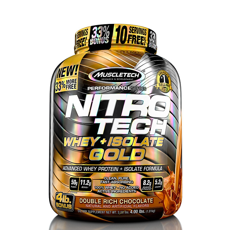 Sữa Tăng Cơ Nitro Tech Whey Isolate Gold 4lbs (1.8Kg) - Hàng chính hãng Muscletech USA - Kèm quà tặng
