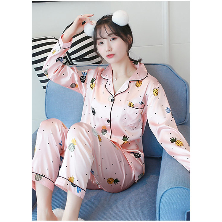 Bộ đồ ngủ Pijama tay dài quần dài phi bóng hoạ tiết trái thơm dễ thương CDANP11 hồng cam