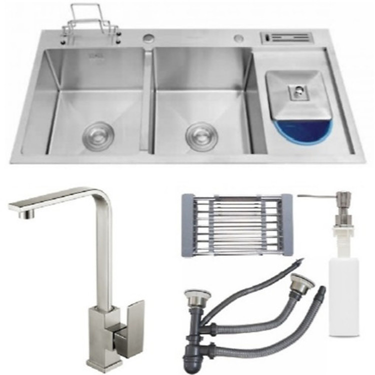 Combo chậu rửa chén bát inox sus304 Valenza hộc rác+cài dao thớt, vòi rửa bát nóng lạnh inox sus304 vuông, bộ xả chậu, rá inox, bình xà phòng