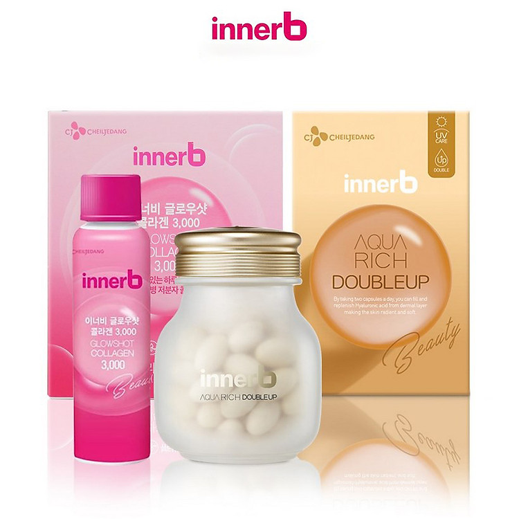 Combo hộp nước uống Collagen InnerB Glowshot (50mlx6) & INNERB AQUA RICH DOUBLEUP (giúp giữ ẩm da sáng mịn từ Axit Hyaluronic) lọ 56 viên