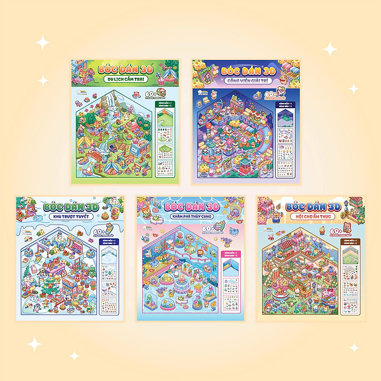 Combo 5 cuốn Bóc dán 3D Du lịch trải nghiệm (Đồ chơi bóc dán 300+ Sticker cho bé)