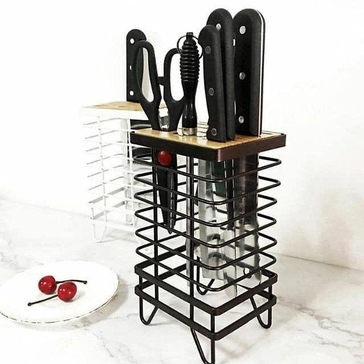 Kệ cắm dao kéo bằng thép đen mặt gỗ cao cấp (màu ngẫu nhiên)
