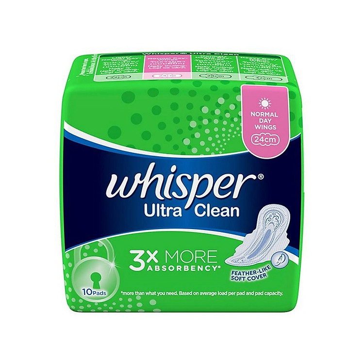 Băng Vệ Sinh Whisper Ultra Clean Siêu Mỏng Có Cánh Ngày Thường 24 cm (Gói 10 Miếng)