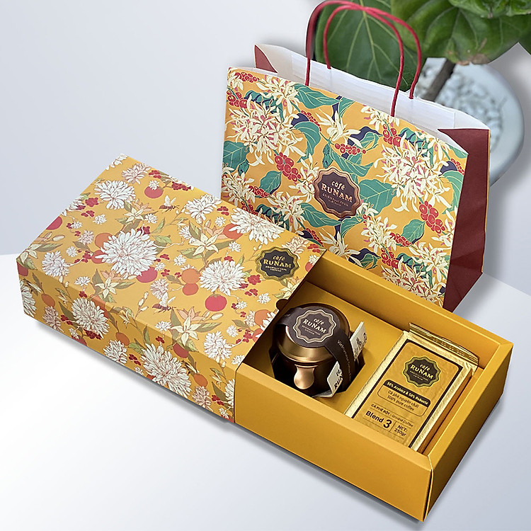 Bộ Quà Tặng Hương Xuân Cafe RuNam (Cà phê gói Blend 3 + Phin nâu đồng)