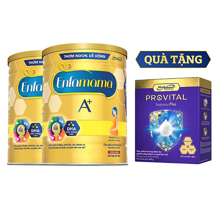 Bộ 2 lon Sữa bầu Enfamama 360° Brain Plus cho mẹ mang thai và cho con bú - Vị Chocolate - 830g - Tặng 1 hộp Provital 480g