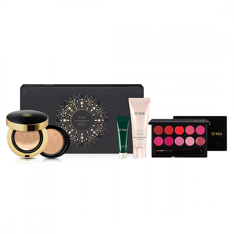 Bộ trang điểm cao cấp, dưỡng da OHUI Cushion Moisture #01 Special Set và bảng son Lip Pallet 10 Colors