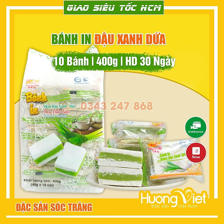 Đặc Sản Sóc Trăng - Bánh In Đậu Xanh Lá Dứa Tân Huê Viên Túi 10 Bánh 400G, Đặc Sản Bánh In Sóc Trăng Nhân Lá Dứa, Đậu Xanh