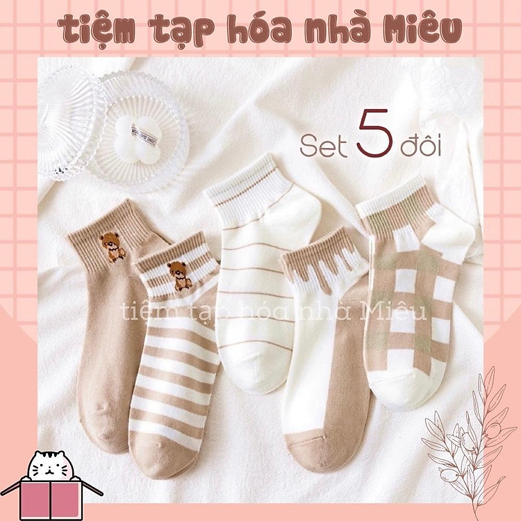 Tất nữ vớ nữ cổ ngắn set 5 đôi họa tiết cute dễ thương phong cách Hàn Quốc - tiệm tạp hoá nhà Miêu