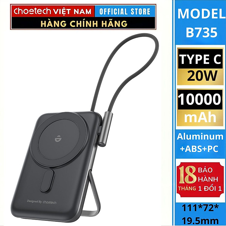 Pin sạc dự phòng Choetech B735 dây cáp sạc Type C công suất 20w dung lượng 10000mAh (Hàng chính hãng)