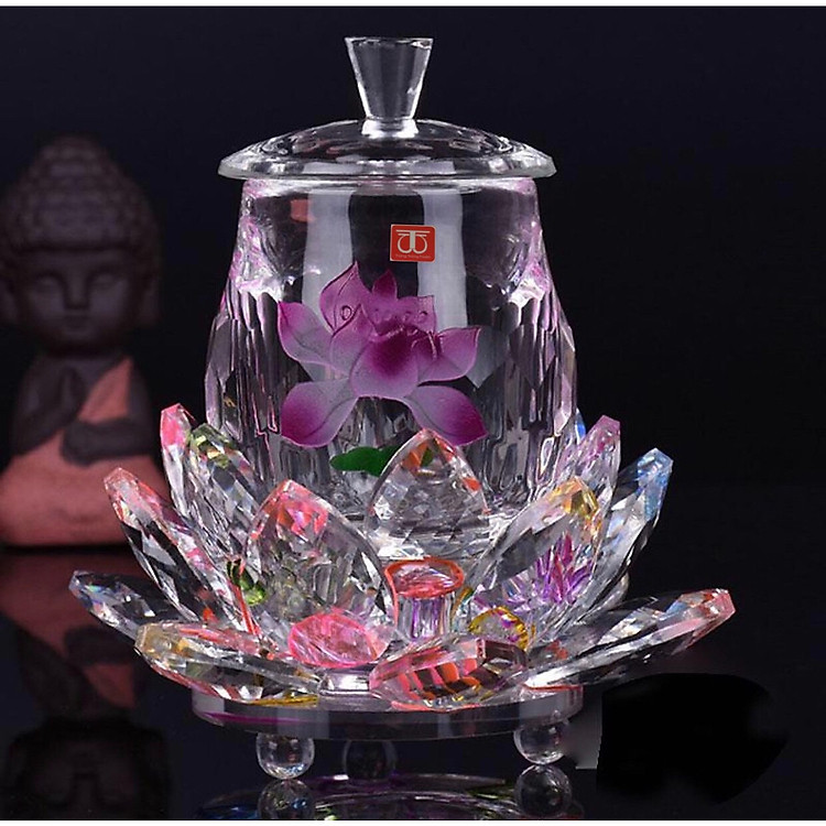 Bộ ly cúng nước đế sen fa lê cánh sen hồng ngũ sắc BH60