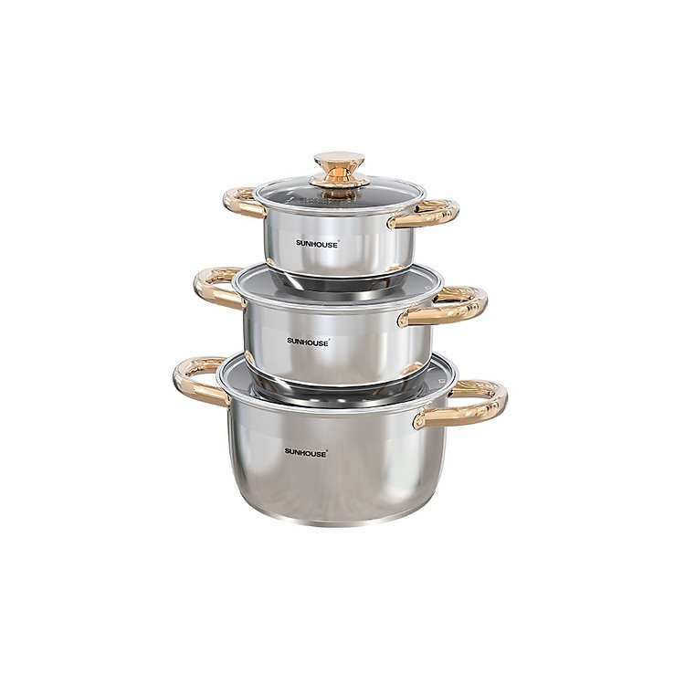 Bộ nồi inox Impact Sunhouse Healthy SHG781E - Gồm 3 nồi 16-20-24cm - Đáy phẳng hoàn hảo - Hiệu suất bắt từ 98%