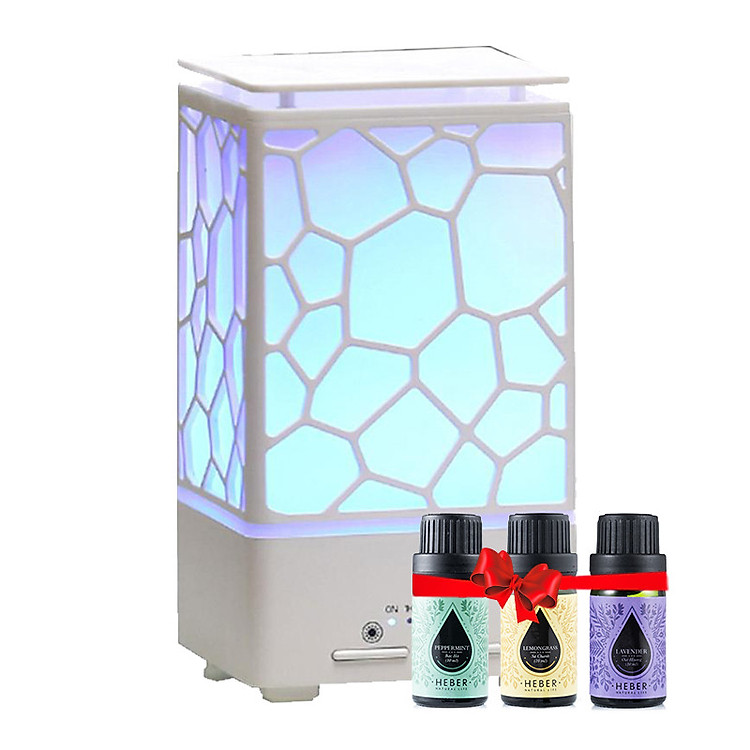 Máy Khuếch Tán Tinh Dầu 200ml Tặng 3 Chai Sả Chanh + Bạc Hà + Oải Hương 10ml Nhập Khẩu Ấn Độ | Xông Phòng 30m2 | MKT07 Hộp Cách Điệu Trắng