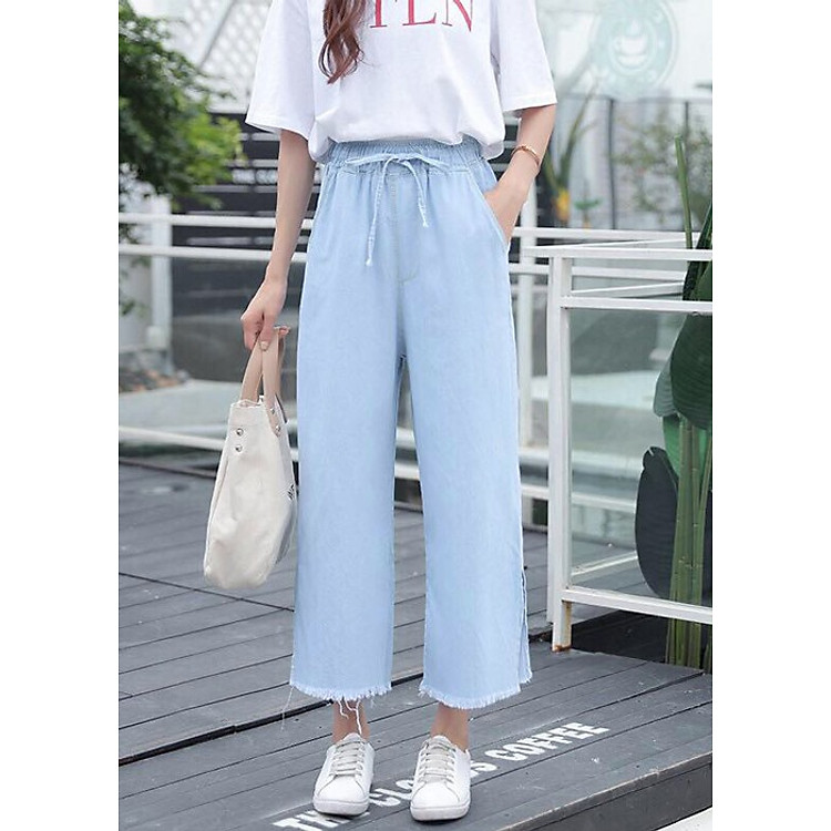 Quần denim giả jean ống rộng lưng thun tua lai MT302