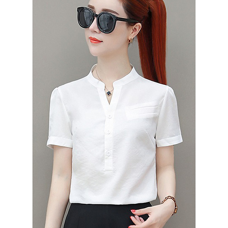 Sơ mi trắng, cổ trụ, ngắn tay, đủ size Haint Boutique