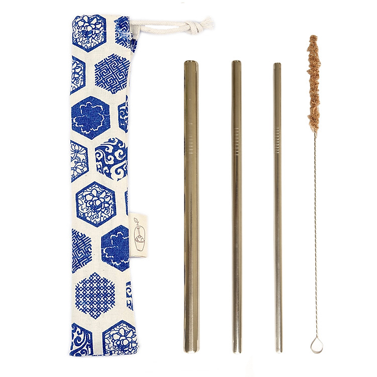 Bộ 3 Ống hút kim lọai Inox, Cọ rửa kim loại, Túi Đựng Tết Xanh eco, thân thiện môi trường