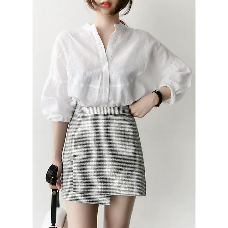 Áo Sơ Mi Nữ Cổ Trụ Tay Bồng - Trắng