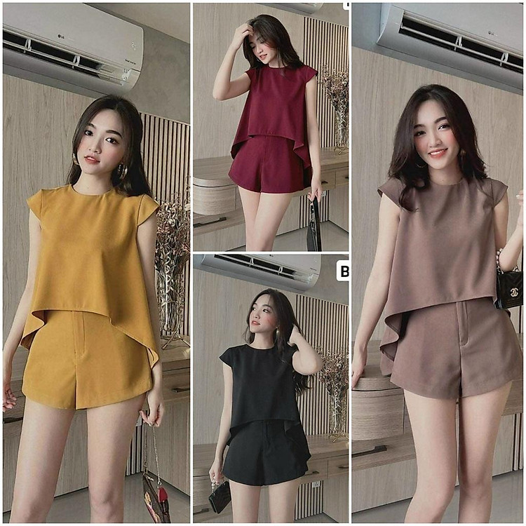 Sét bộ áo babydoll vạt cao thấp cổ tròn và quần ngắn