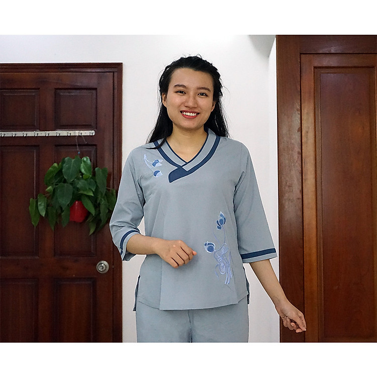 Đồ lam Phật tử, đồ lam đi chùa mẫu cổ tim bầu màu xanh