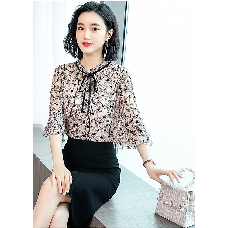 Áo Sơ Mi Kiểu Nữ Cổ Đính Nơ Họa Tiết Thanh Lịch