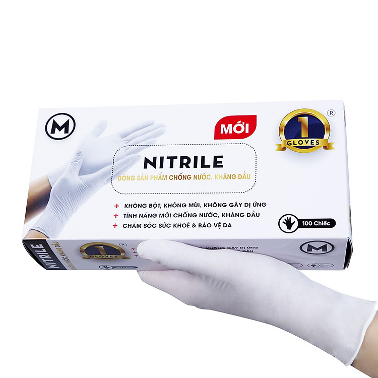 Găng tay Nitrile ONE GLOVES hộp 100 chiếc (Size M - Trắng)