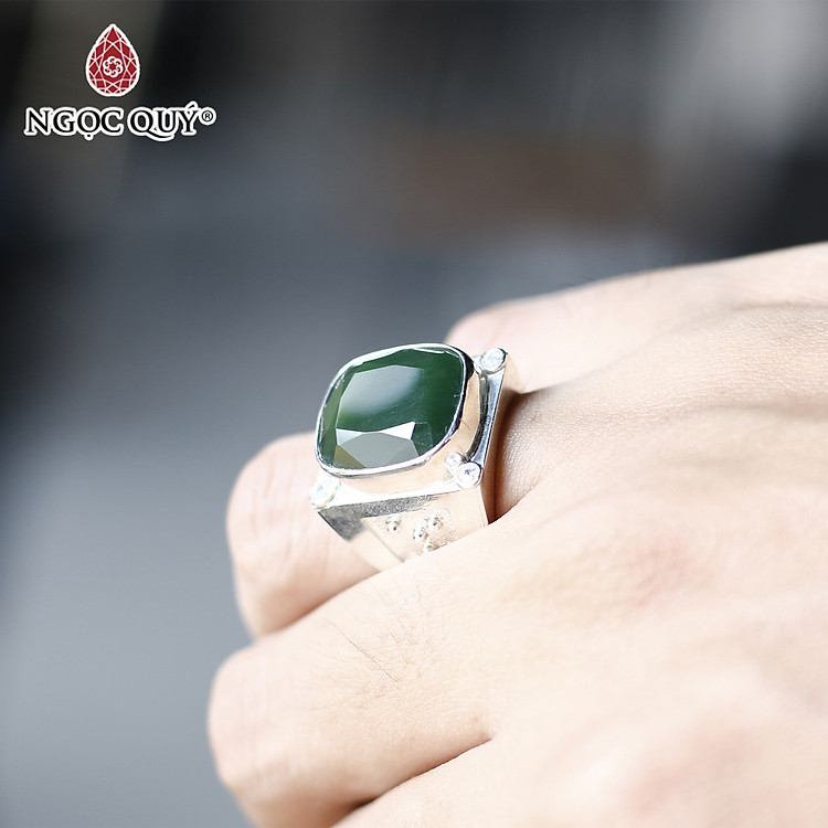 Nhẫn bạc nam mặt đá ngọc bích bản vuông ni20 mệnh hỏa, mộc - Ngọc Quý Gemstones