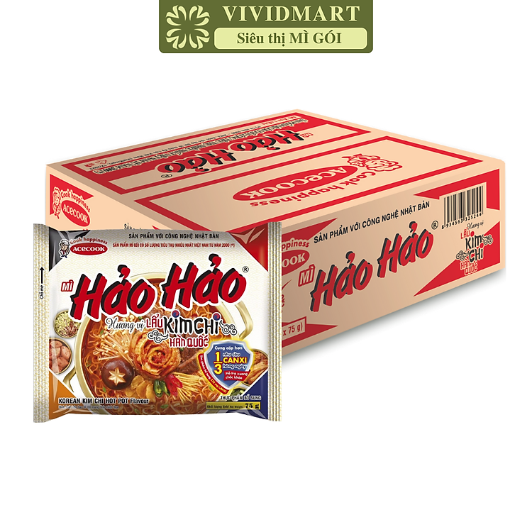 ACECOOK - Hảo Hảo hương vị lẩu kim chi Hàn Quốc, Mì ăn liền Hảo Hảo lẩu kim chi Hàn Quốc, Hảo Hảo kim chi (75g/gói)