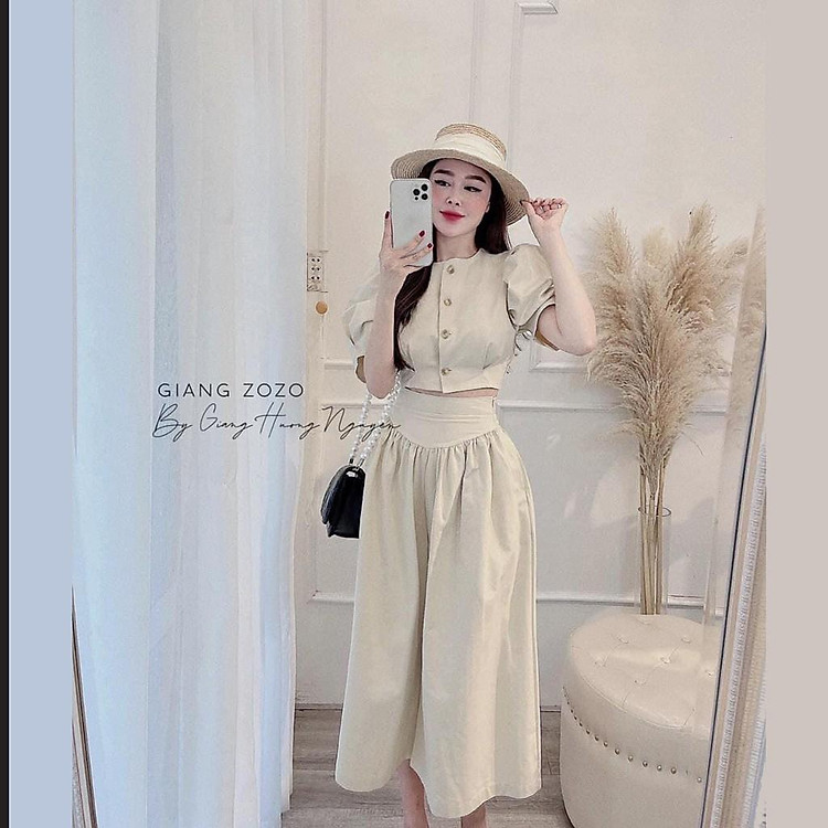 Set áo tay bồng Croptop, Quần ôm em ống suông rộng