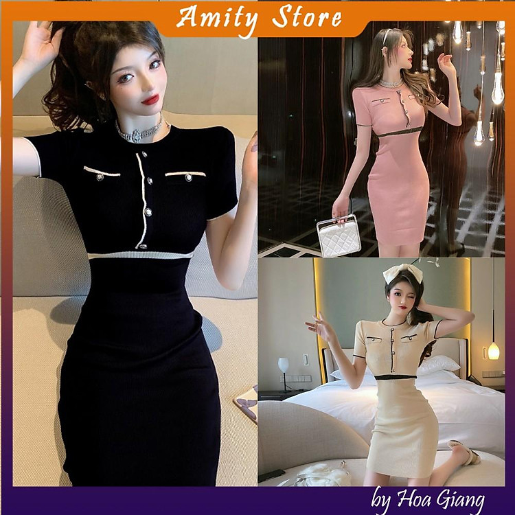 Đầm body cổ tròn ôm sát, váy len nữ hàng quảng châu