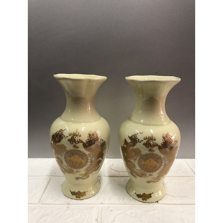 ĐÔI Lọ Lộc bình cắm hoa thờ men Vàng rồng