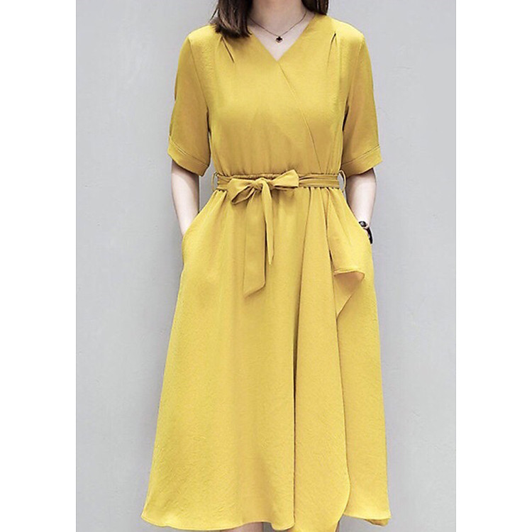 đầm maxi vàng lệch tà cổ V ( dưới 57kg)XDS219