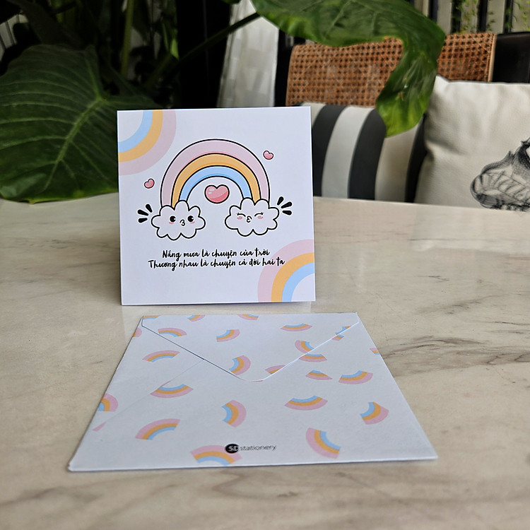 Thiệp tình yêu vuông 12x12 cm hình mây cầu vòng dễ thương - Ảnh 5