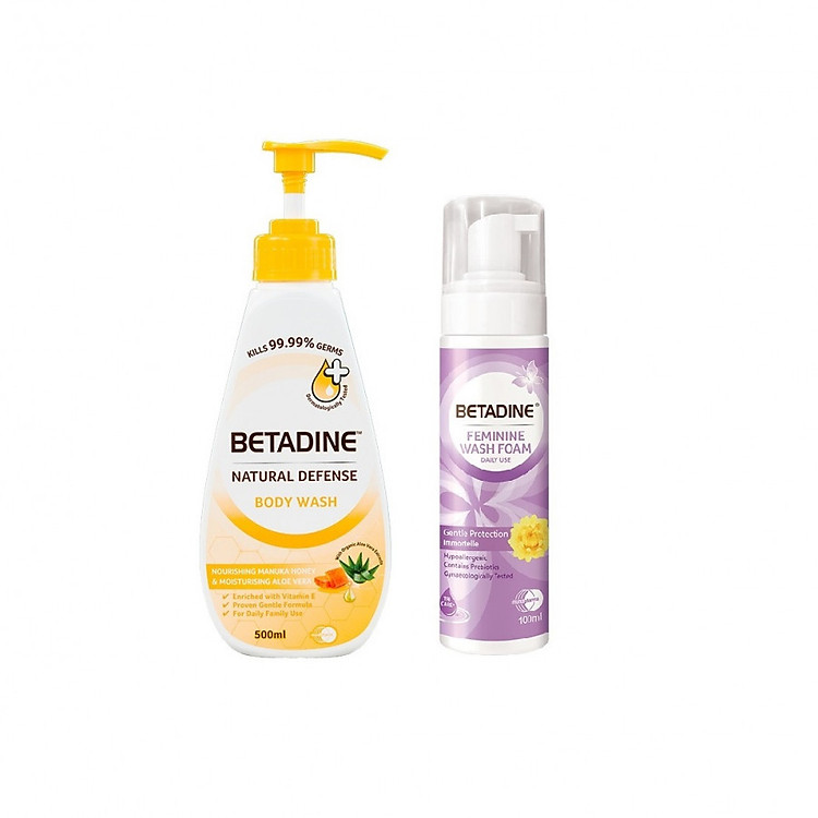 Combo sữa tắm kháng khuẩn Betadine hương mật ong Manuka chai 500ml + Bọt vệ sinh phụ nữ Betadine Gentle Protection - chai 100ml