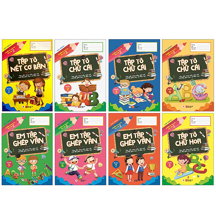 Combo Chuẩn Bị Cho Bé Vào Lớp 1 - Làm Quen Chữ Cái (8 Cuốn) - (Tập Tô Nét Cơ Bản + Tập Tô Chữ Cái Q2 + Tập Tô Chữ Cái Q3 + Tập Tô Chữ Cái Q4 + Em Tập Ghép Vần Q5 + Em Tập Ghép Vần Q6 + Em Tập Ghép Vần Q7+ Tập Tô Chữ Hoa Q8)