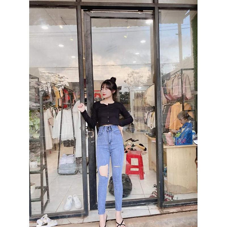 Style Quần jean ôm lưng cao rách gối hot hot Quần Áo thời trang. đảm bảo chất lượng