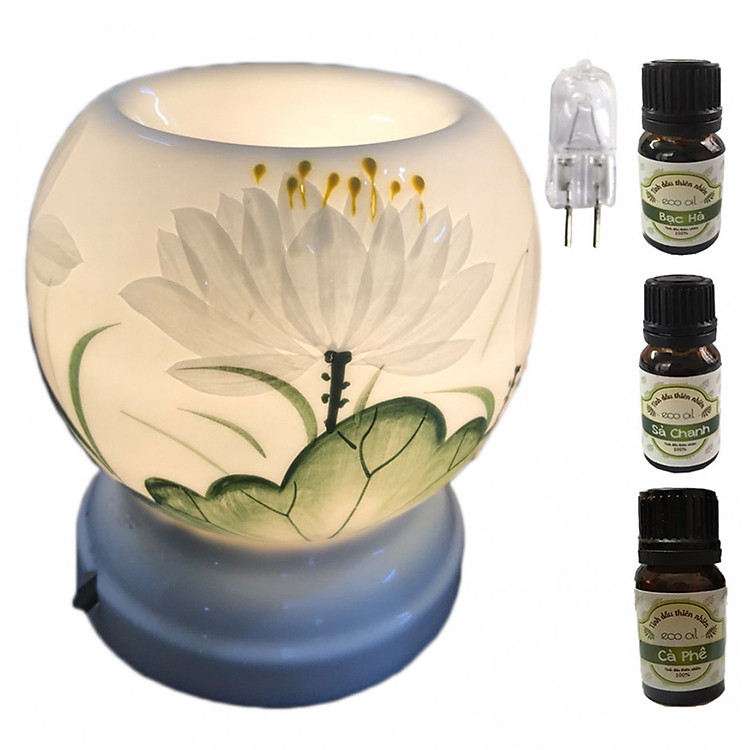 Combo 3 chai tinh dầu (sả chanh, bạc hà, cà phê) Eco 10ml và đèn xông tinh dầu điện cao cấp MNB36 và 1 bóng đèn