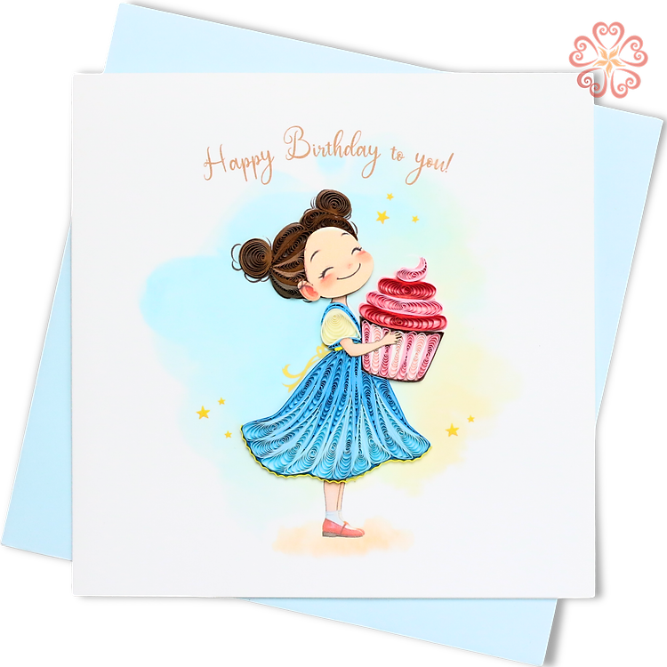 Thiệp Giấy Xoắn Nghệ Thuật - Bé Gái Ôm Bánh Cupcake - Girl Holding Cupcake - Happy Birthday - 15 x 15 - VN2XM115D42E1
