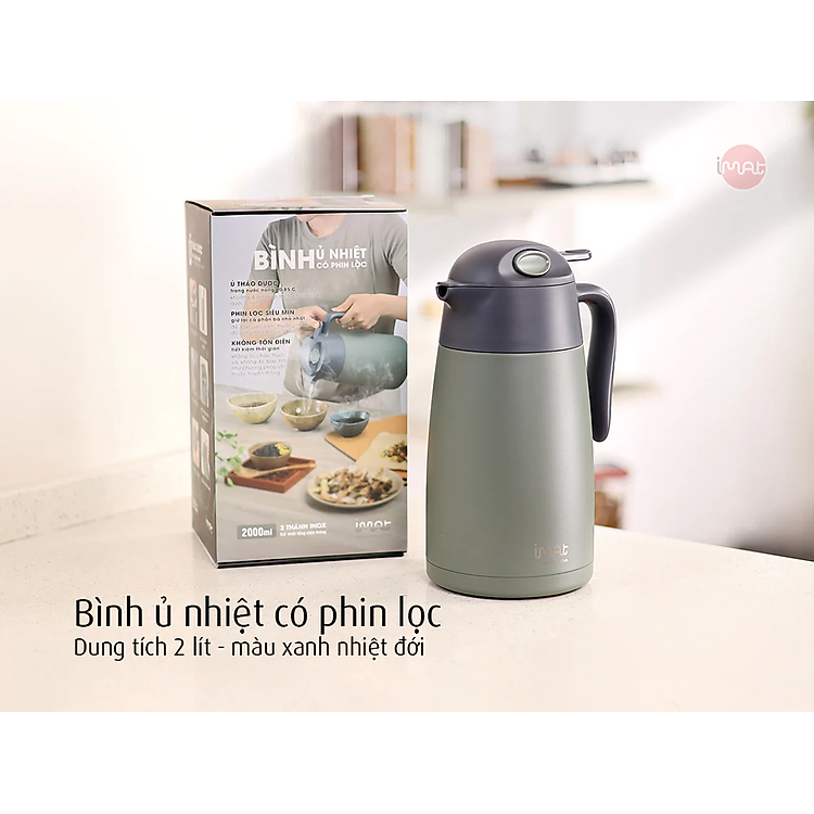 Bình ủ nhiệt Imat có phin lọc 2000ml màu xanh nhiệt đới, ruột bình, phin lọc làm bằng Inox 304