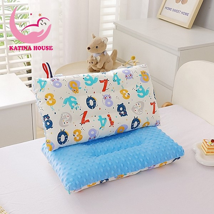 Gối cho bé bông gòn êm mềm Katina House, 30x50cm, vải cotton phối nhung thoáng khí thấm hút tốt