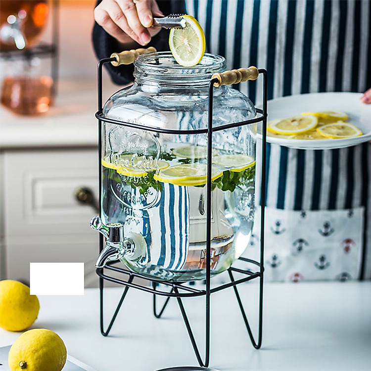 BÌNH THỦY TINH CAO CẤP CÓ VÒI KÈM CHÂN ĐẾ SẮT 8L - Bình đựng nước thủy tinh dung tích 8lit Có giá chân đế sắt