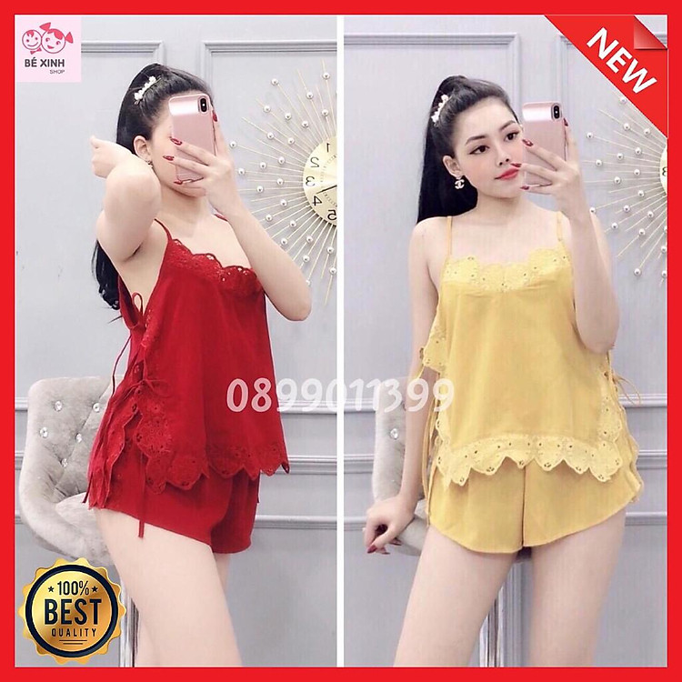 Bộ lụa 2 dây với thiết kế bộ đồ ngủ sexy 2 dây phối ren tinh tế lụa satin mát