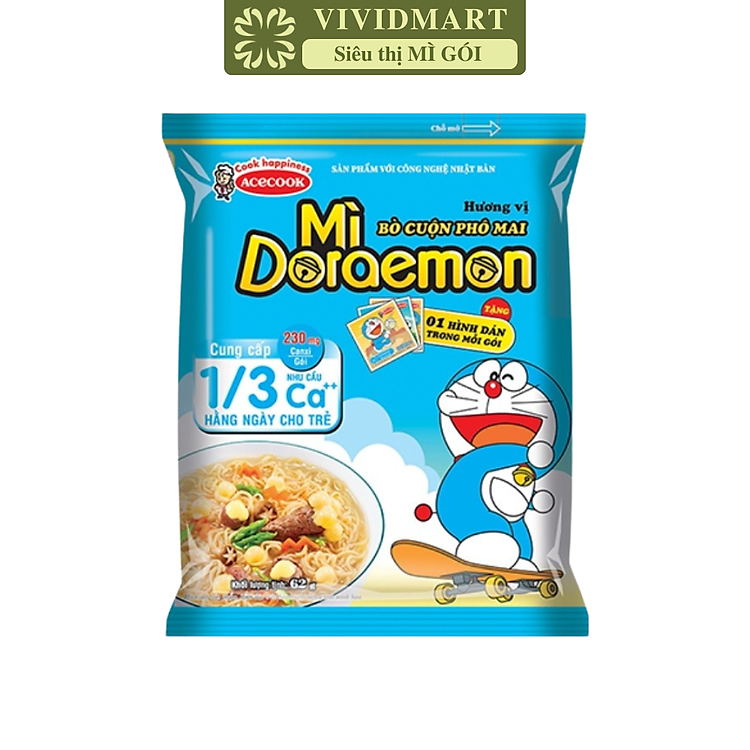 ACECOOK - Mì Doraemon hương vị bò cuộn phô mai, Mì ăn liền trẻ em, Mì Doremon bổ sung canxi, Mì gói Doraemon (62g/gói)