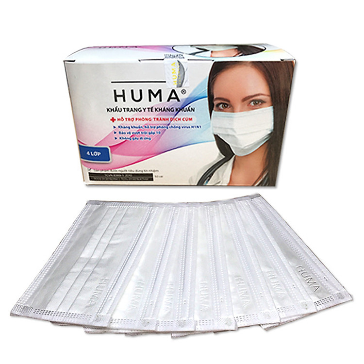 Khẩu Trang Y Tế Cao Cấp HUMA 4 Lớp - Hộp 50 Cái Màu Trắng