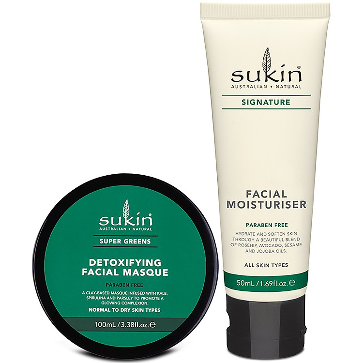Bộ Đôi Thải Độc, Dưỡng Sáng Da Sukin Mặt Nạ Đất Sét Super Greens Detoxifying Facial Masque 100ml & Kem Dưỡng Ẩm Signature Facial Moisturiser 50ml