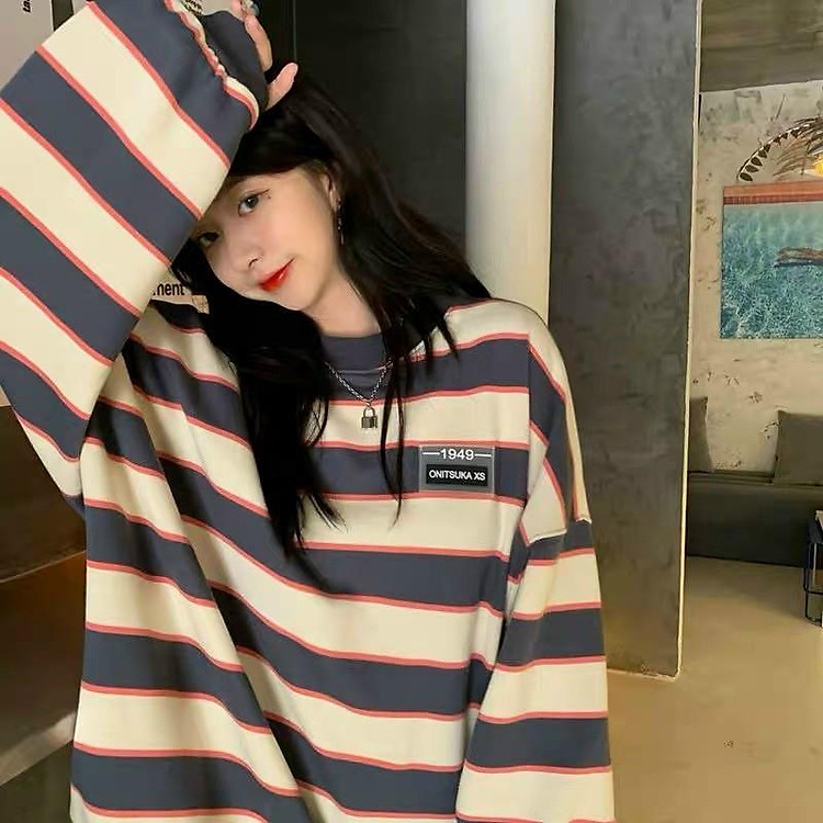 Áo sweater kẻ sọc form rộng, kèm ảnh thật